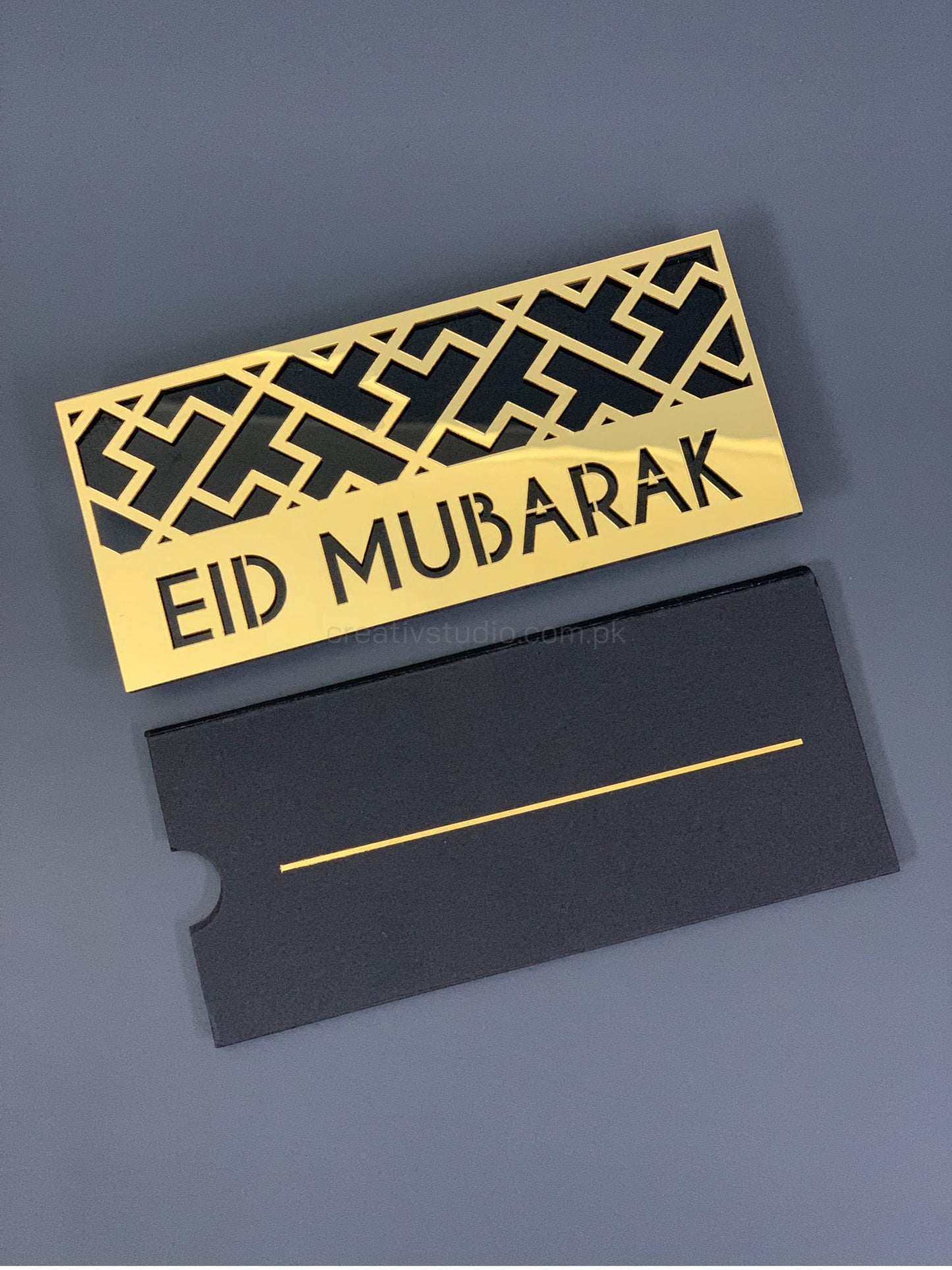 Golden Mirror Acrylic Eidi Envelope With Eid Mubarak Phrase Β©