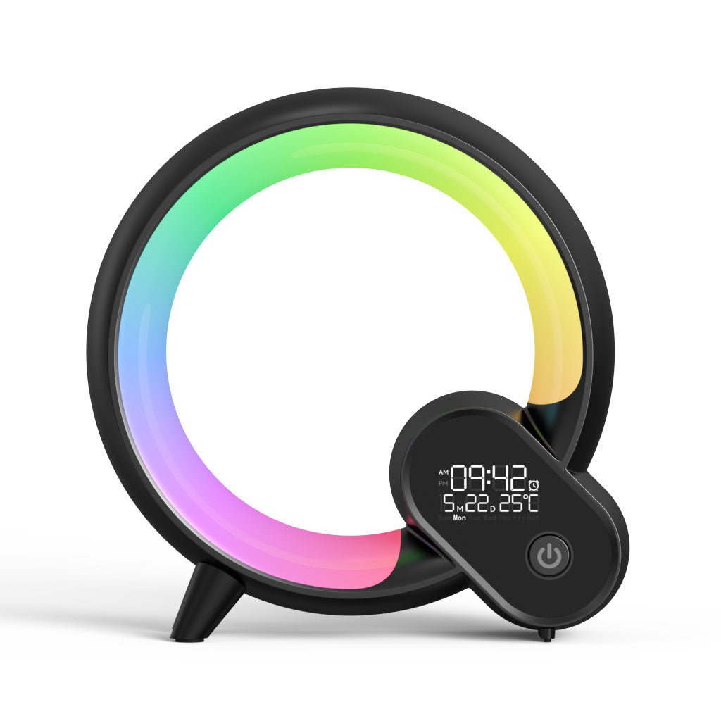 ساعة منبه رقمية تناظرية من Creative Q Light مزودة بشاشة عرض رقمية تعمل بالبلوتوث وصوت ذكي للاستيقاظ Q مع إضاءة ملونة في الغلاف الجوي