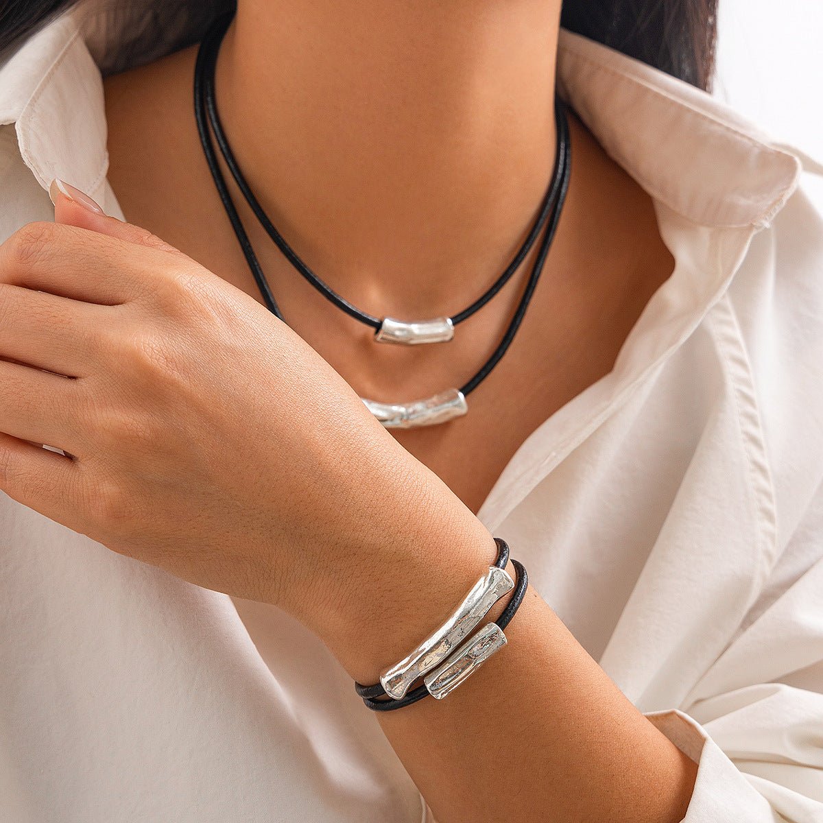 Cylindrical Leather Wax Line Necklace Suit Hip Hop Alloy