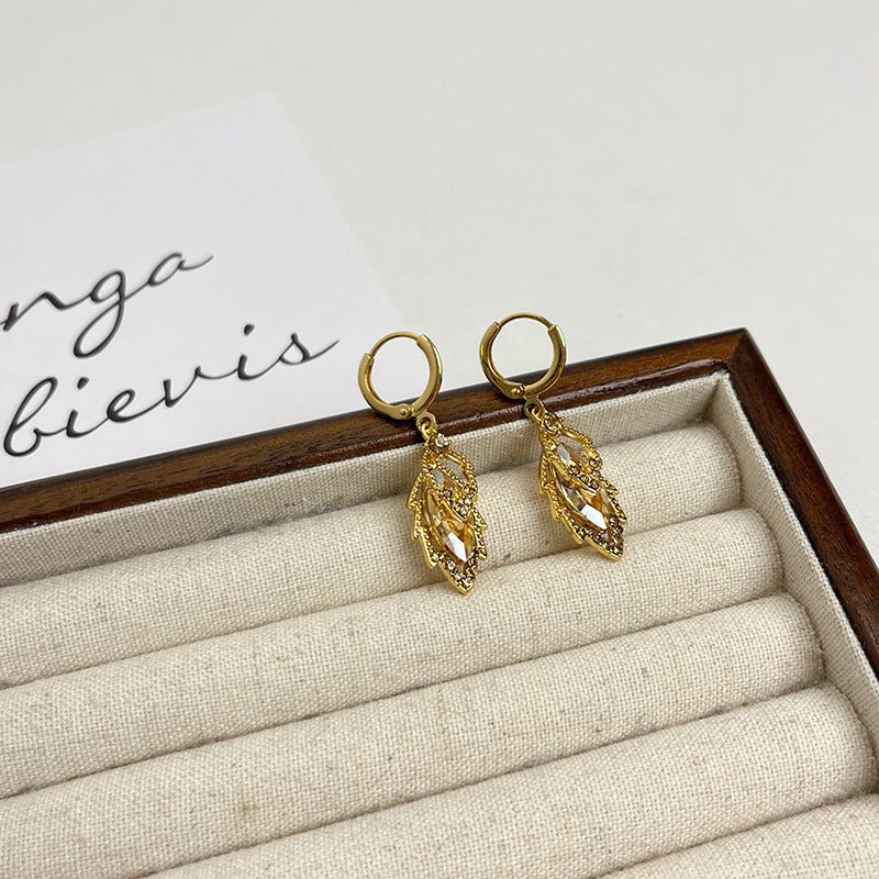 Exquisite Crystal Leaf Silver Needle Ear Clip Female