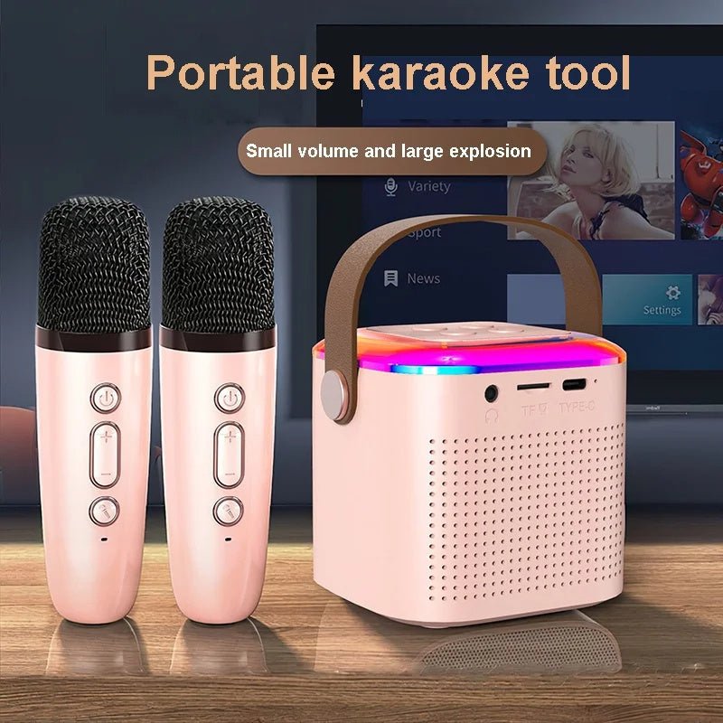 جهاز كاريوكي مزود بميكروفون وسماعة بلوتوث مع 2 ميكروفون لاسلكي وإضاءة RGB للمنزل والعائلة ومكبر صوت غنائي