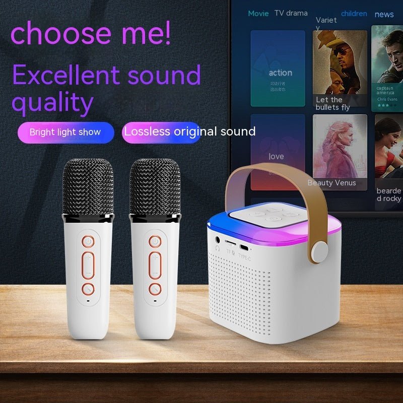 جهاز كاريوكي مزود بميكروفون وسماعة بلوتوث مع 2 ميكروفون لاسلكي وإضاءة RGB للمنزل والعائلة ومكبر صوت غنائي