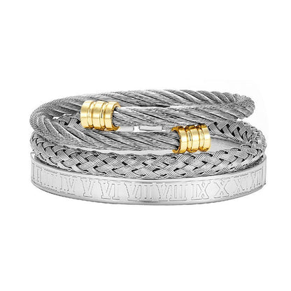 Cross-border Hot Selling Men's Vintage Roman Numerals Stainless Steel Cylindrical Head Braided Titanium Steel Bracelet Bracelet Three-piece Suit