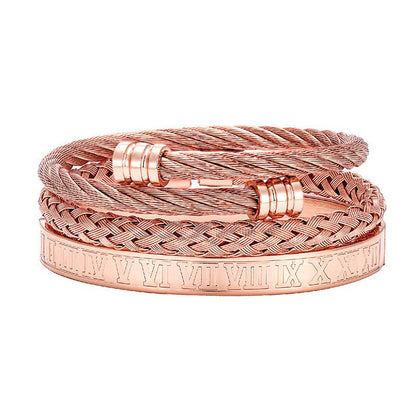 Cross-border Hot Selling Men's Vintage Roman Numerals Stainless Steel Cylindrical Head Braided Titanium Steel Bracelet Bracelet Three-piece Suit