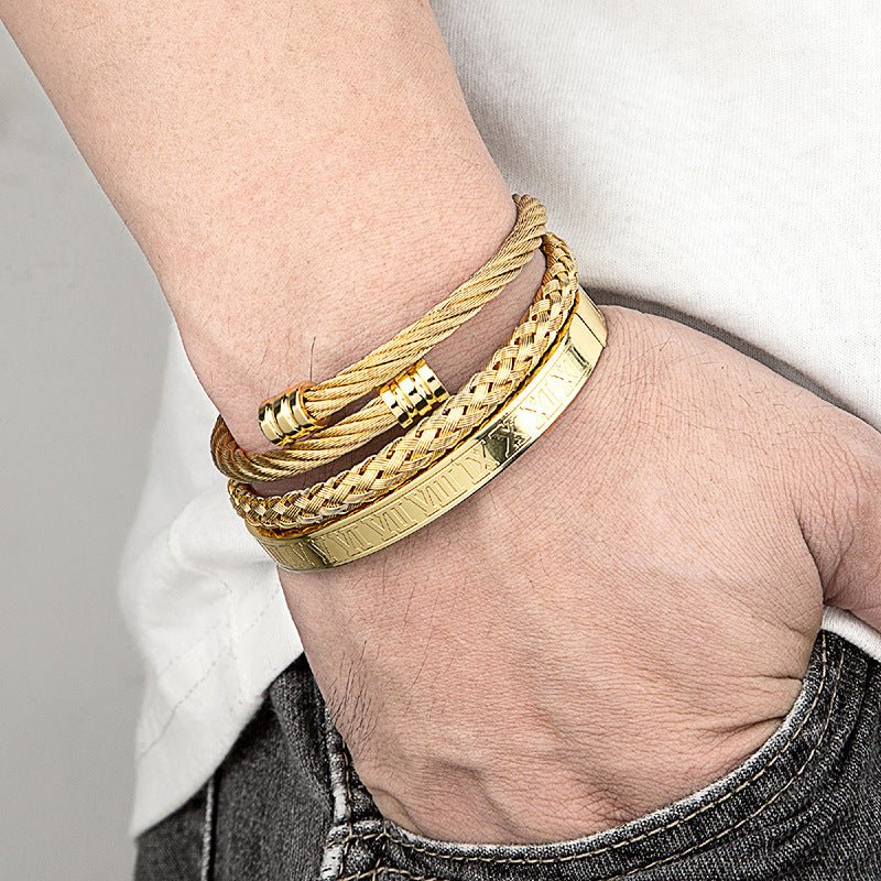 Cross-border Hot Selling Men's Vintage Roman Numerals Stainless Steel Cylindrical Head Braided Titanium Steel Bracelet Bracelet Three-piece Suit