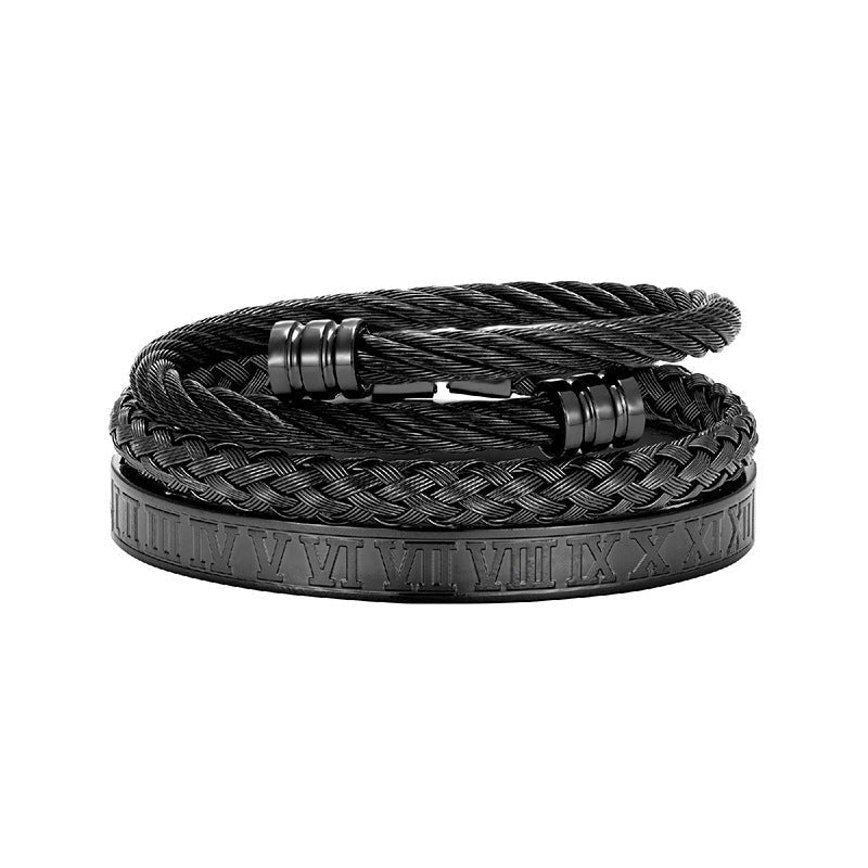 Cross-border Hot Selling Men's Vintage Roman Numerals Stainless Steel Cylindrical Head Braided Titanium Steel Bracelet Bracelet Three-piece Suit
