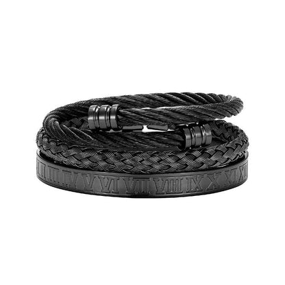 Cross-border Hot Selling Men's Vintage Roman Numerals Stainless Steel Cylindrical Head Braided Titanium Steel Bracelet Bracelet Three-piece Suit