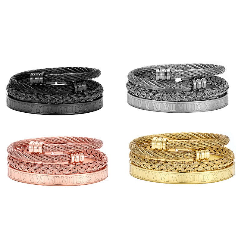 Cross-border Hot Selling Men's Vintage Roman Numerals Stainless Steel Cylindrical Head Braided Titanium Steel Bracelet Bracelet Three-piece Suit
