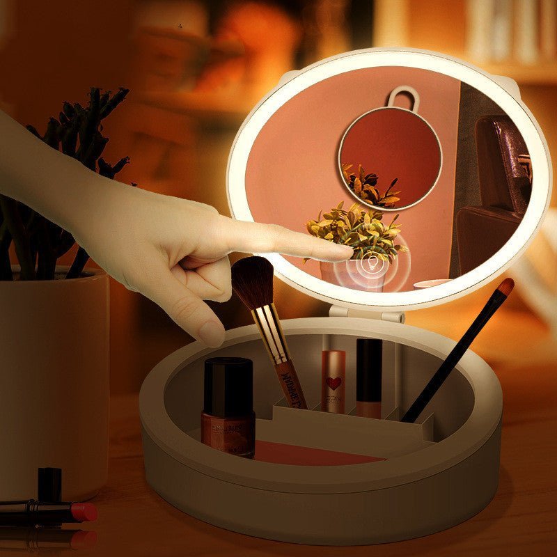 مرآة مكياج LED سطح المكتب للبنات مع صندوق تخزين إضاءة للديكور المنزلي