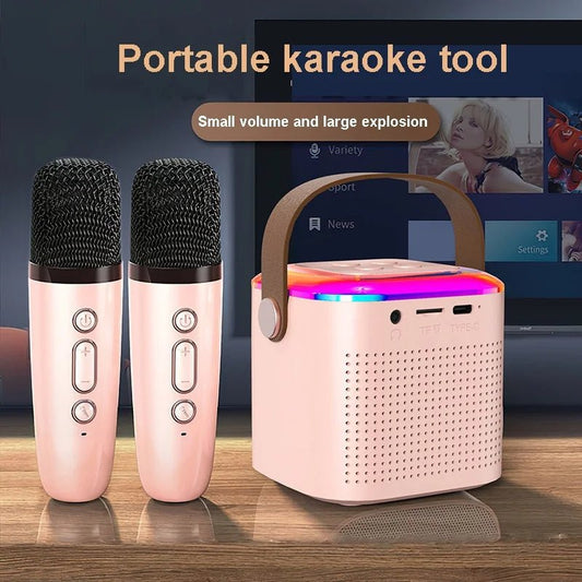 جهاز كاريوكي مزود بميكروفون وسماعة بلوتوث مع 2 ميكروفون لاسلكي وإضاءة RGB للمنزل والعائلة ومكبر صوت غنائي