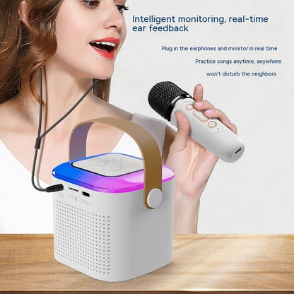 جهاز كاريوكي مزود بميكروفون وسماعة بلوتوث مع 2 ميكروفون لاسلكي وإضاءة RGB للمنزل والعائلة ومكبر صوت غنائي
