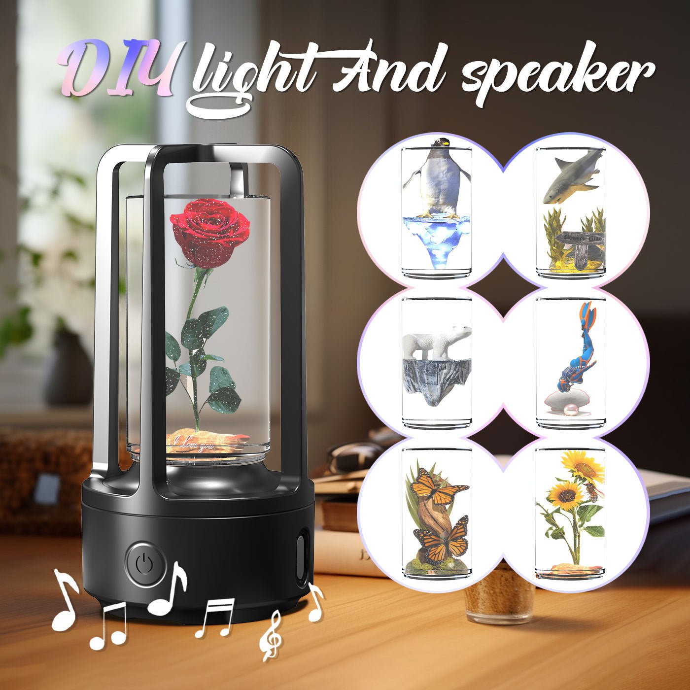 بدون ملحقات 2 في 1 DIY Audio Crystal Light ومكبر صوت متوافق مع البلوتوث هدية ضوء ليلي من الراتنج يعمل باللمس